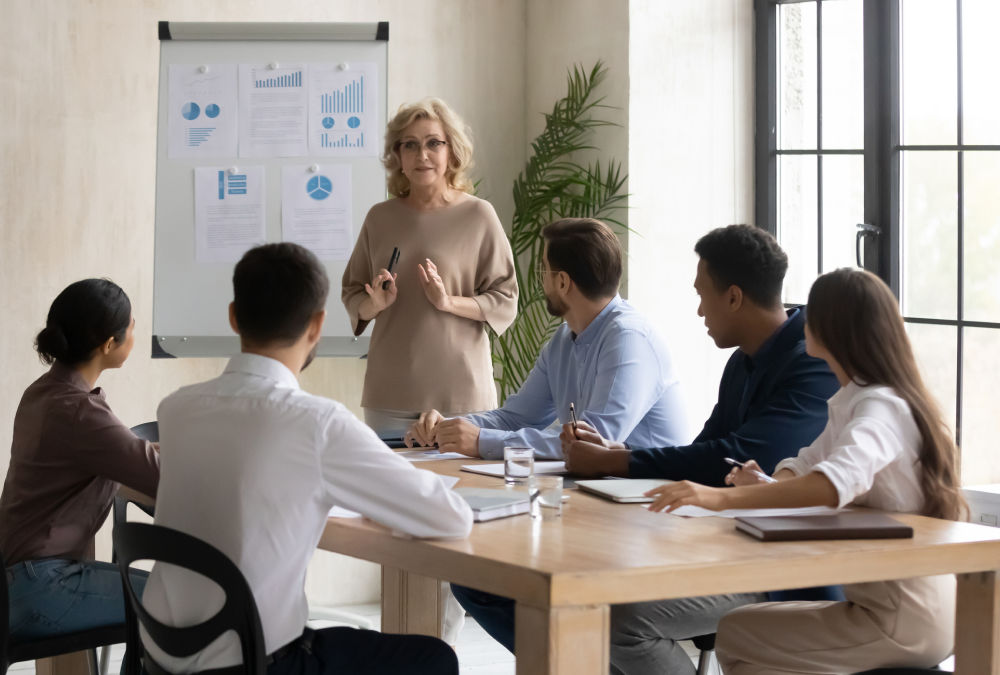 Team discussing data in office