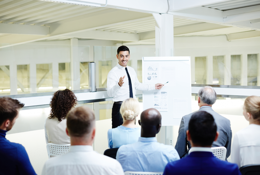 Business presentation to attentive audience